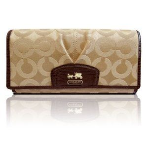 Coach Madison Op Art Clutch Wallet Beige Sateen & Leather Mahogany Khaki…